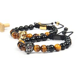 Men Pink Cz Panther Bracelets Wholesale 8mm Natural Tiger Eye & Faceted Onyx Stone Leopard Macrame Bracelet Jewelry Gift Women