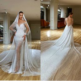 Glitter Mermaid Wedding Dresses With Detachable Train Sweetheart Long Sleeve Bridal Gowns Tulle Bead Court Train Vestidos De Novia