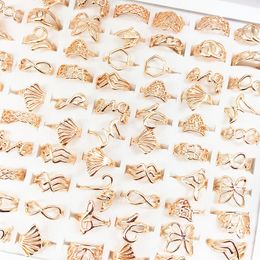 wholesale 100pcs/Lot Gold Plated Women Fashion Rings Laser Cut Flowers Metal Alloy Ring Party Gifts Mix Styles Brand New