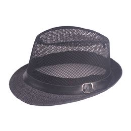 Summer Unisex Paper Straw Jazz Hat Short Brim Mesh Fedora Hat with Belt Buckle Party Beach Cap Sunhat for Men Women