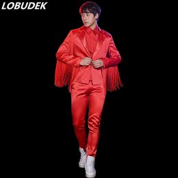 Fashionable Red Tassels Men's Suits Punk Style 3 Piece Sets Male Singer Vocal Concert Costume Nightclub Bar Drum Dancer Stage Clothes