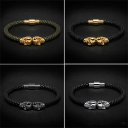 women men Mens Black Genuine Leather Braided Bracelet Men Stainless Steel For Women Gold skull Bangle for