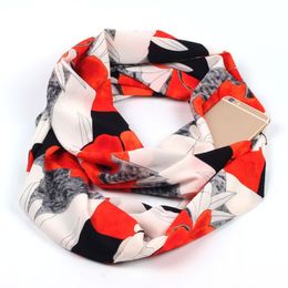 Fashion-Double Hidden Zipper Pocket Infinity Loop Scarf Boho Style Floral Striped Printed Contrast Colour Wrap Shawl