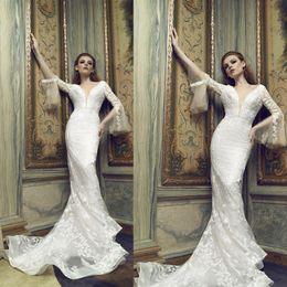 Floral Mermaid Wedding Dresses V-neck Long Sleeve Appliqued Lace Cheap Bridal Gown Sweep Train Custom Made Robes De Mariée Hot Sell