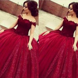 2020 New Hot Dark Red Quinceanera Ball Gown Dresses Lace Appliques Cap Sleeves Sweet 16 Sweep Train Plus Size Puffy Party Prom Evening Gowns
