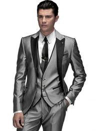 New Arrivals One Button Silver Gray Groom Tuxedos Peak Lapel Groomsmen Best Man Suits Mens Wedding Suits (Jacket+Pants+Vest+Tie) H:506