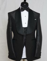Black Groom Tuxedos White Dot Mens Wedding Tuxedos Shawl Lapel 19 Style Man Jacket Blazer Popular 3 Piece Suit(Jacket+Pants+Vest+Tie) 1284