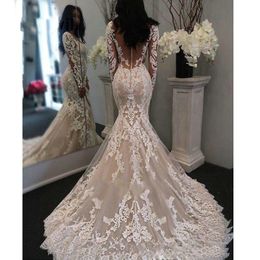 Amazing Lace Mermaid Berta Wedding Bridal Dresses 2020 With Long Sleeves Applique V-neck See Though Back Beach Boho Wedding Dress Long