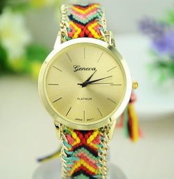 Women Geneva Watches Handmade Braided Friendship Bracelet Wristwatch Colourful Band Hand-Woven National Watch Ladies Quarzt Bracelets Clock