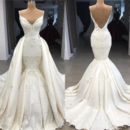 Vintage Mermaid Detachable Train Wedding Dresses 2020 Plus Size Low Backless Spaghetti Straps Appliques 3D Flowers Ruched Vestidos 2062