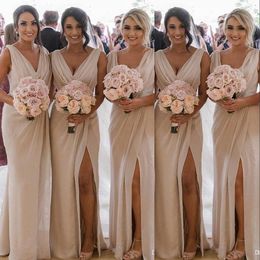 2023 Bridesmaid Dresses Champagne Sexy Deep V Neck Country African Sexy Chiffon Beach Split Long Wedding Guest Dress Plus Size Formal Maid Of Honour Gowns