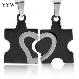 Fashion- Couple Puzzle-shaped Necklaces Set Engrave Hollow Heart Stainless Steel Necklace For Lover Valentine Gift Free Shipping