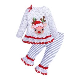 Christmas Kid Baby Girls Sets Clothes Infant Long Sleeve Santa deer Dress Bow Print Tops Striped Pants suit kids girl outfits boutiques