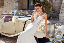 Eddy K 2019 Mermaid Wedding Dresses V Neck Lace Appliques Satin Sweep Train Long Bridal Gowns Plus Size Beach Boho robe de mariee3031