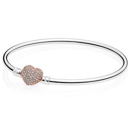 NEW 100% 925 Sterling Silver Rose Gold Heart Bracelet Clear CZ Charm Bead Fit Bracelet DIY Jewellery Gift The Factory Wholesale nine