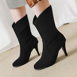 Hot Sale-Fashion Pure Color Round Toe Slip-on Boots Stiletto Heels Vintage Women Boots