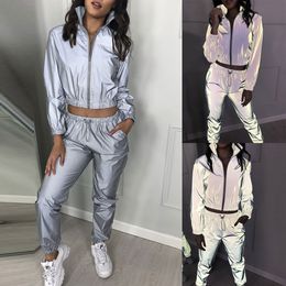 Autumn Winter Women Casual Reflective Two Piece Set Fashion Long Sleeve Crop Tops + Pants Conjunto De Pans Deportivo Dama 2020