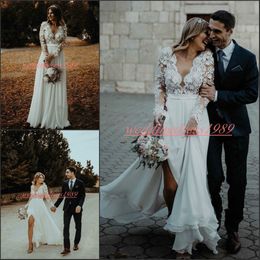 Perfect Spring Lace Split Country Wedding Gowns 2022 Chiffon V-Neck Floral Plus Size Arabic Vestido de novia Bride Ball Bridal Gown Formal
