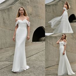 2020 Boho Mermaid Wedding Dresses Off-shoulder Appliqued Lace Sleeveless Bridal Gown Sexy Backless Sweep Train Beach Robes De Mariée Cheap