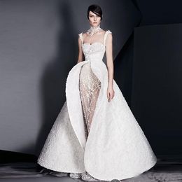 white applique wedding dresses sheer tulle lace backless bridal gowns spaghetti detachable train wedding dress