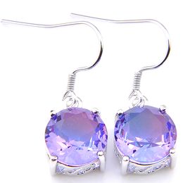 Luckyshine Engagement Gift Purple Round Cut Bi Coloured Tourmaline Gems Silver Dangle Hook Earrings For Women Russia American Australia Earr