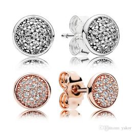 18K Rose Gold Round Disc Stud EARRING for Pandora 925 Silver CZ Diamond Earrings with Original box set Women Wedding Gift Jewelry