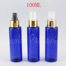 100ML Blue Flat Shoulder Plastic Bottle With Gold Spray Pump , 100CC Empty Cosmetic Container , Toner / Water Packaging Bottle