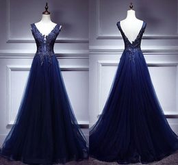 Navy Lace Tulle Evening Dresses Formal Deep V-neck V Open Back Ruched Draped Dresses Evening Wear Prom Dress Long Cheap 2019