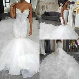 Sweetheart Lace Mermaid Wedding Dresses with Ruffles Chapel Train 2020 Crystal vestidos de novia Custom Made Bridal Wedding Gowns