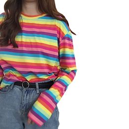 Harajuku Women Casual Rainbow Stripe T Shirt For Girls Autumn Female Shirt Long Sleeved Ladies T-shirts Woman Tops Feminine