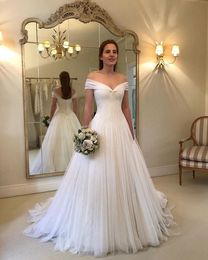 Cheap A Line Ivory Off Shoulder Wedding Dresses V Neckline Ruched Country Style Beach Bridal Gowns Zipper Back Sweep Train