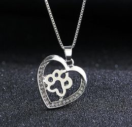 Fashion Heart Cat Dog Paw Necklaces Inlaid Crystal Elegant Statement Jewellery Alloy Silver Colour Lovely Animal Footprint Necklace