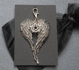 Tibetan silver Castiel Heart-shaped angel wings and pentagram charm pendant key chain ring Car Bag Decorations Keychain A278