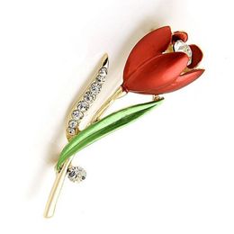 Vivid Tulip Flower Brooches For Women Gold Colour Enamel Leaf Plant Brooch Pins Dress Clothes Clip Rhinestone Broche Accessories