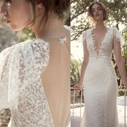 Julie Vino Mermaid Wedding Dresses Crystal Sash Applique Short Sleeves Hollow Back Wedding Dress Sweep Train Bridal Gowns