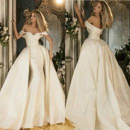 Modest Satin Mermaid Wedding Dresses Off The Shoulder Lace Appliqued Bridal Gowns With Detachable Train Beads Wedding Dress vestidos