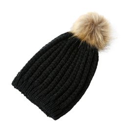 Fashion-Vertical Stripes Faux Fur Ball Knitting Beanie Cap Soft Warm Outdr Unisex Hat