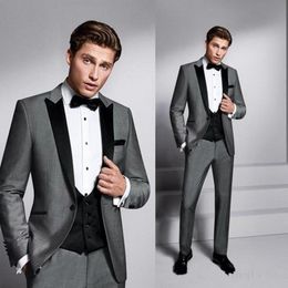 New High Quality One Button Gray Groom Tuxedos Peak Lapel Groomsmen Best Man Suits Mens Wedding Suits (Jacket+Pants+Vest+Tie) 840