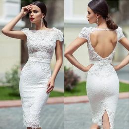 garden wedding receptions UK - 2020 Chic Lace wedding Reception Dresses With Knee Length Sheath Cap Sleeves Hollow Back Short Garden Wedding Dresses Bridal Gow BC2387