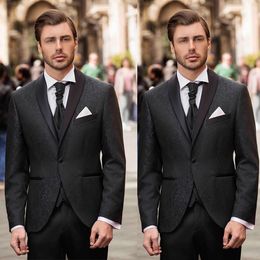 Black Floral Pattern Mens Wedding Tuxedos 2019 Shawl Lapel One Button Groom Pants Suits Custom Made Handsome 3 Pieces Best Men Blazer