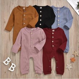 Kids Clothes Baby Article Pit Rompers Toddler Solid Long Sleeve Jumpsuits Onesies Infant Soft Cotton Button Bodysuit Climbing Suit BYP644