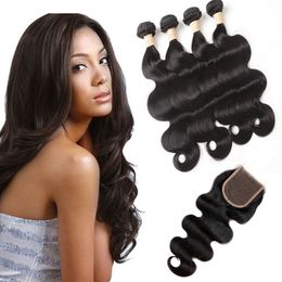 Malaysian Virgin Hair Body Wave 5 Pieces One Set Human Hair Bundles With Lace Closure 4X4 Middle Three Free Part 8-28inch