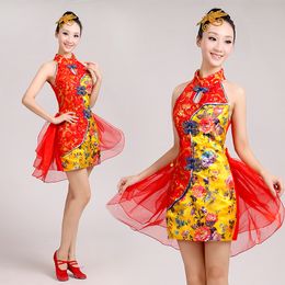 summer women Qipao dress silk satin sexy cheongsam flower pattern carnival fancy stage wear backless gown vestido