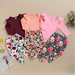 Baby Girl Clothes Kids Rompers Pants Headband Clothing Sets Ruffle Solid Jumpsuits Floral Flowers Pants Hairband Suits Toddle Outfits C7073