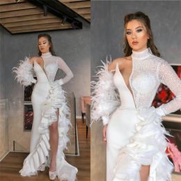 Glitter Wedding Dresses High-neck Long Sleeve Sexy High-split Sequins Feather Ruffle Satin Bridal Dress Custom Made Vestidos De Novia