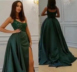 New Dark Green Arabic Vintage Evening Dresses with Detachable Skirt A Line Split High Front Spaghetti Straps Long Formal Vestidos Prom