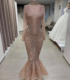 Sexy Illusion Beaded Mermaid Prom Dresses Jewel Neck Rhinestone Long Sleeve Evening Gowns Custom Made Formal Dress Party Wear