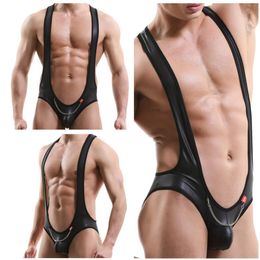 Faux Leather Men Bodysuit Open Butt Underwear Metal Chain Panties Convex Pouch Sexy Wrestling Singlet Novelty One Piece Mankini