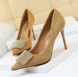 Designer Luxury women Vintage Pumps suede Stiletto Lady Rhinestone Square Buckle Fresh Shallow mouth Pointed Lady Office dress shoes