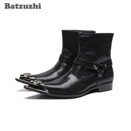 2019 Zapatos Hombre Luxury Italian Type Men Boots Iron Toe Black Ankle Boots Men Strap Fashion Cowboy Motorcycle Botas Hombre, Big Size 46